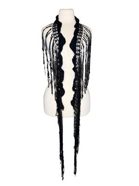 Vintage Black Fringe Shawl Collar Capelet Flapper Style Lace Wrap
